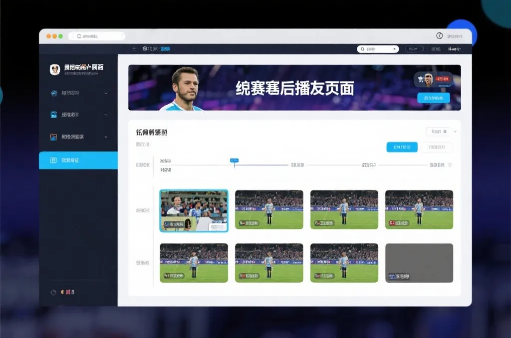 比赛结束后，电视屏幕展示集锦回放页面，旁边有时间轴和多角度切换提示